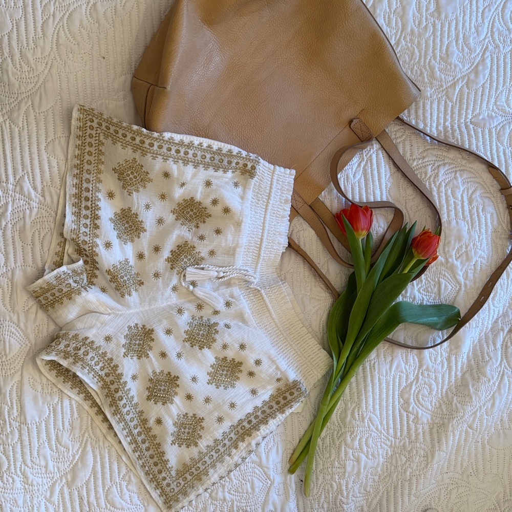 J. Crew Cream Shorts with Gold Embroidered Pattern